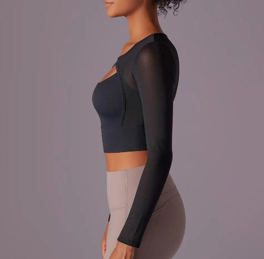 Top feminino com recorte duplo, manga longa, justo e elástico