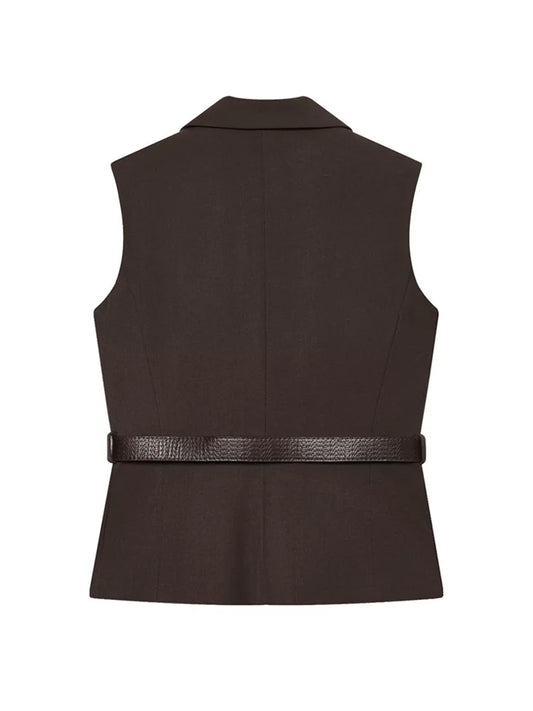 Colete de abotoamento duplo com cinto, gola lapela, sem mangas e bolsos frontais