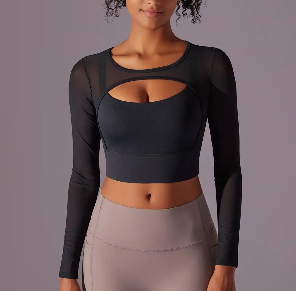 Top feminino com recorte duplo, manga longa, justo e elástico