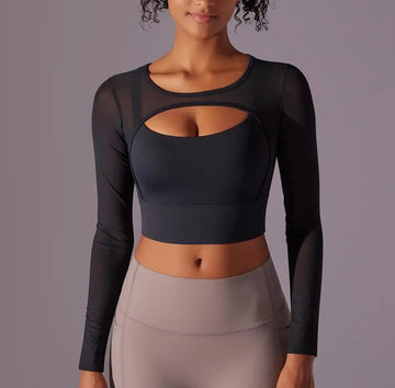 Top feminino com recorte duplo, manga longa, justo e elástico