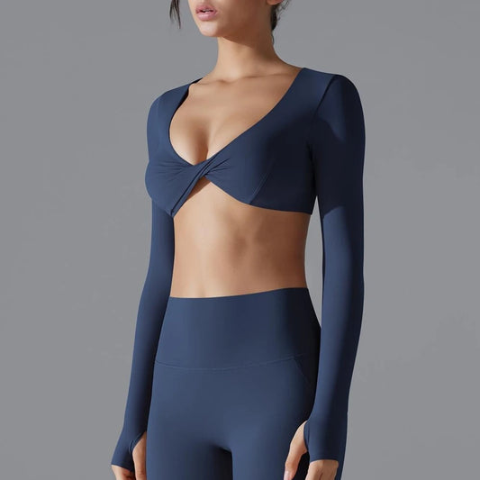 Conjunto esportivo feminino de manga comprida para academia, com decote em V profundo, modelagem justa, tecido respirável