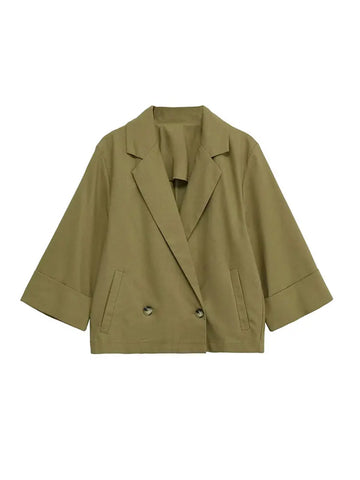 Blazer feminino de linho com abotoamento duplo, modelagem solta, manga curta e bolsos