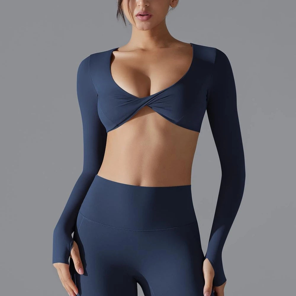 Conjunto esportivo feminino de manga comprida para academia, com decote em V profundo, modelagem justa, tecido respirável